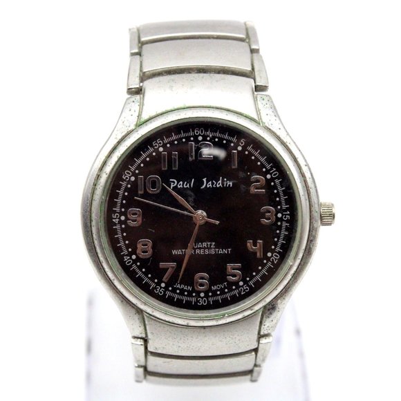 Vintage Paul Jardin Watch Mens Silver Tone Stainless Steel Classic Black Dial - Picture 1 of 8